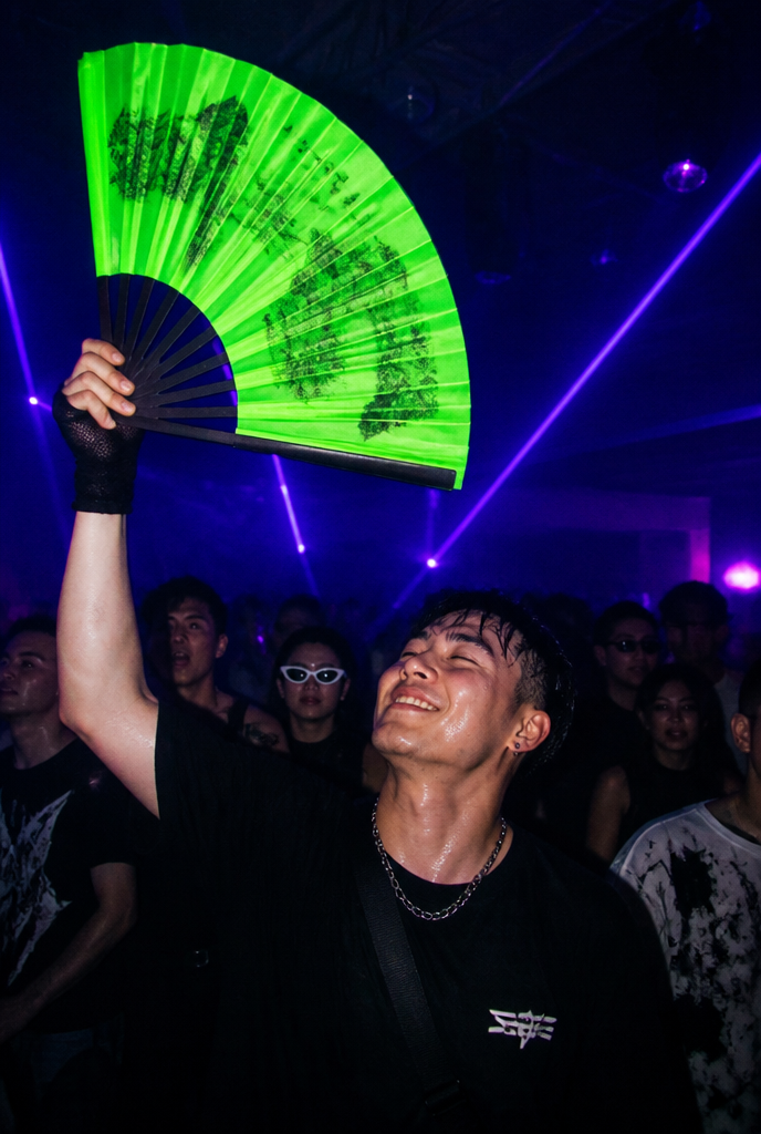 the rave fan glowing under UV at a techno party