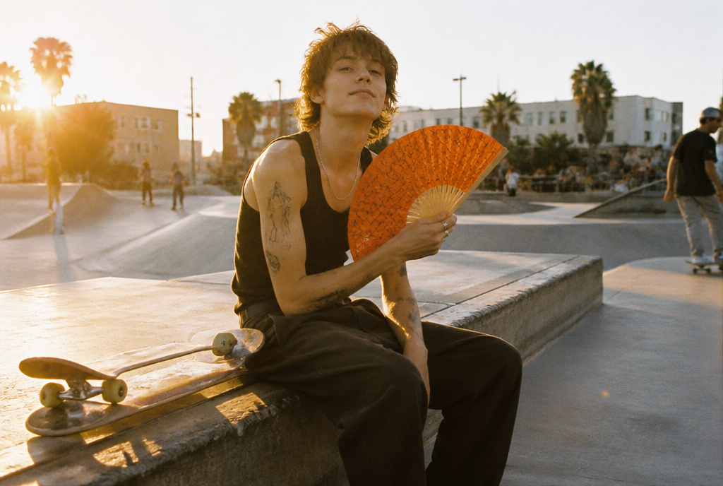 the skate fan at golden hour in a skatepark